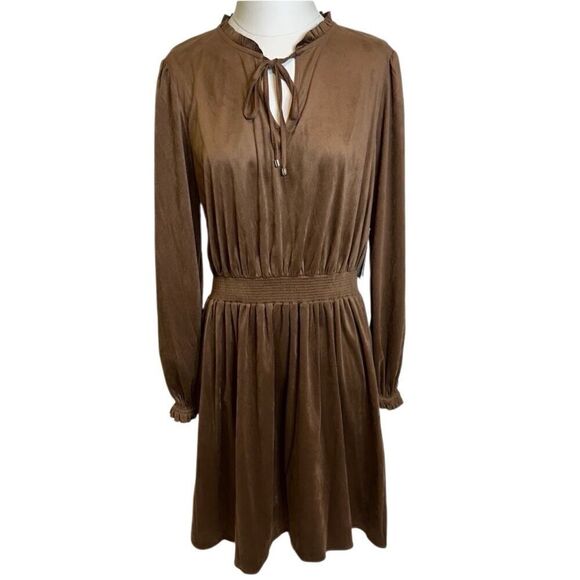 NWT Tommy Hilfiger Brown Faux Suede Fit & Flare Keyhole Tie Dress Womens Size 10 - Picture 2 of 14